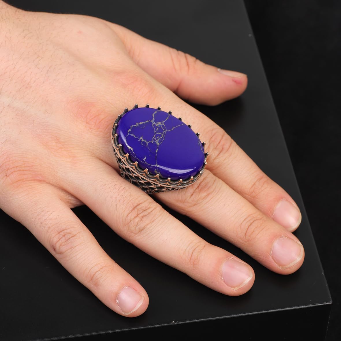 Vintage Men's Lapis Lazuli Oval Gemstone Ring - Handmade Ottoman Style 925 Sterling Silver Ring with Silver Polishing Cloth Gift