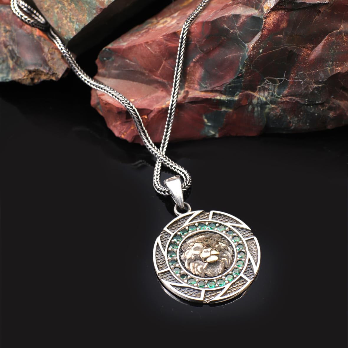 Sterling Silver Lion Necklace with Emerald Pendant
