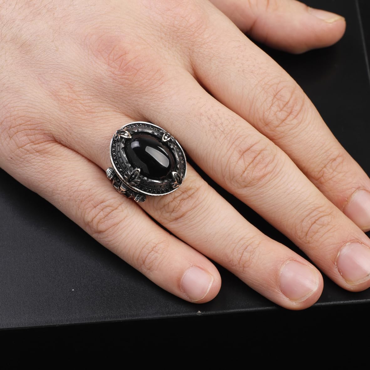 925 Sterling Silver Men's Ring - Handmade Pole Star Design with Black Onyx Gemstone Detail and Silver Polishing Cloth Gift