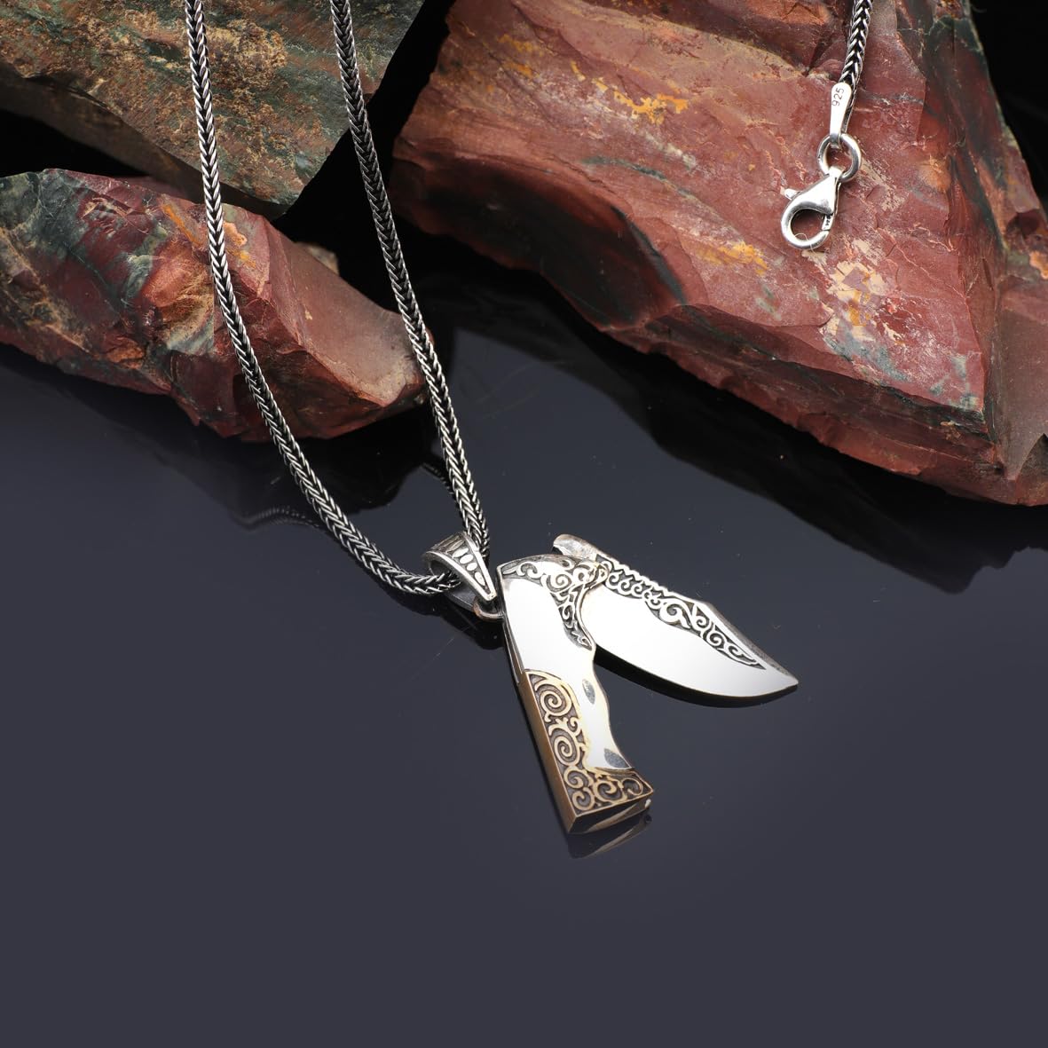 Sterling Silver Pocket Knife Necklace - Mens Silver Pendant on Silver Chain - Gothic & Biker Style with Silver Cleaning Cloth Gift