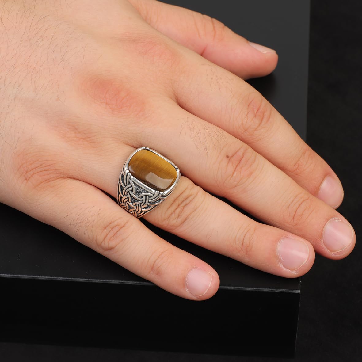 Tiger Eye Ottoman Signet Ring for Men – Vintage Sterling Silver Gemstone Engagement Ring – Handmade Custom Engraved Mens Ring with Gift Silver Polishing Cloth