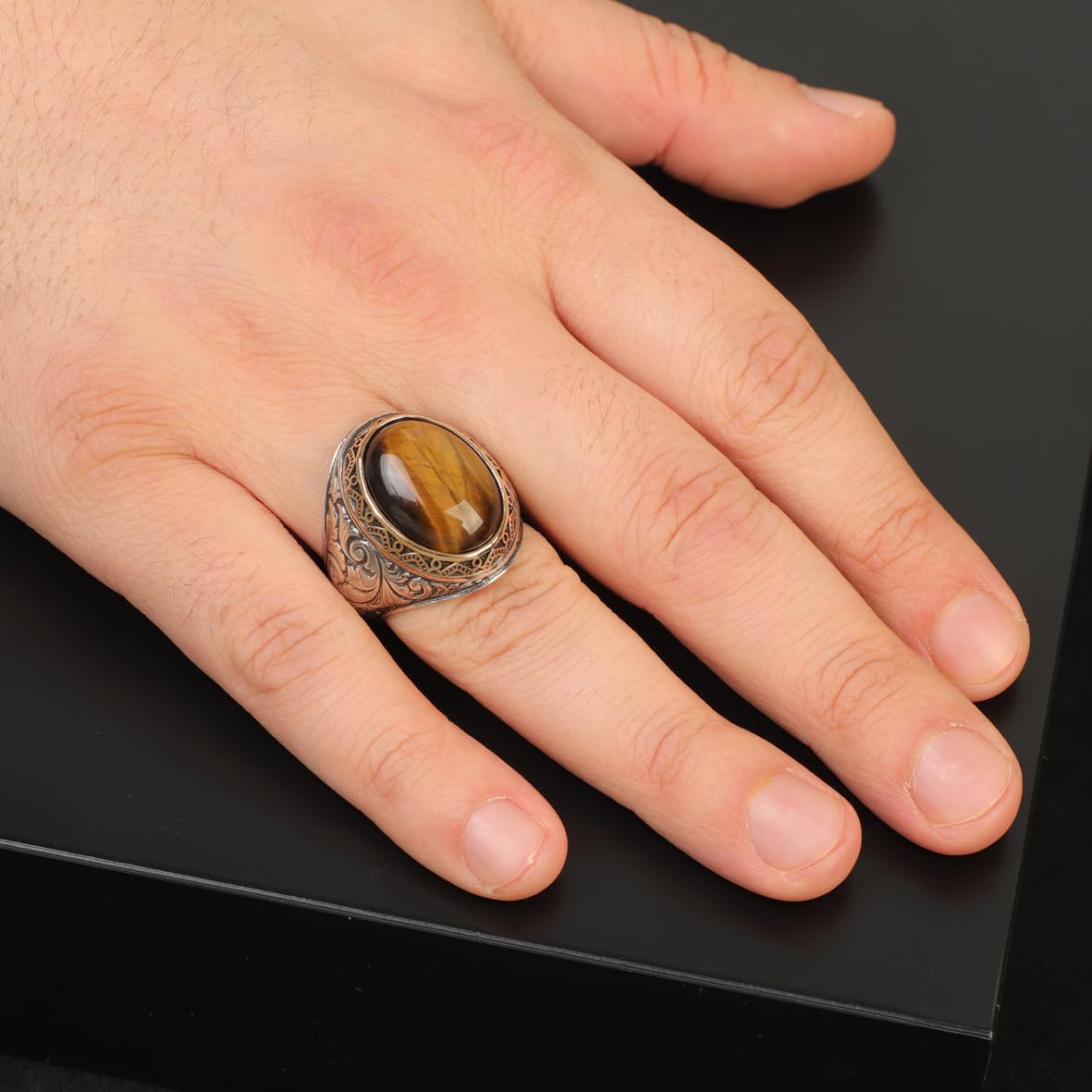 Tiger Eye Ring – Ottoman Vintage 925 Sterling Silver Engagement Ring – Promise Ring for Him – Gemstone Gift for Husband