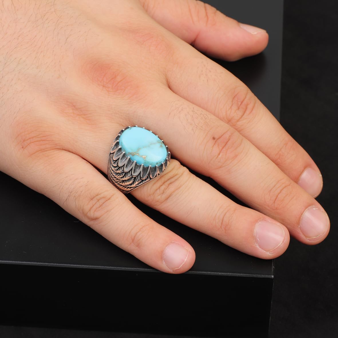 Mens Turquoise Signet Ring – Handmade Vintage Sterling Silver Gemstone Ring for Men with Custom Engraving – Engagement Ring + Gift Silver Polishing Cloth