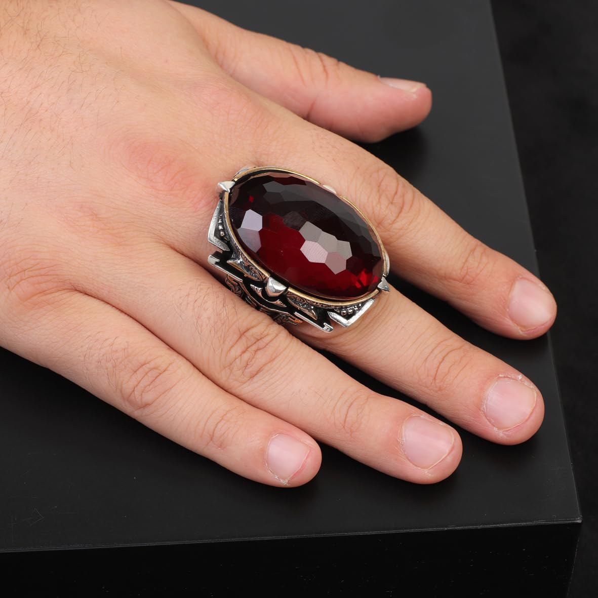 Handmade Garnet Ring – Chunky Sterling Silver Engagement Ring for Men