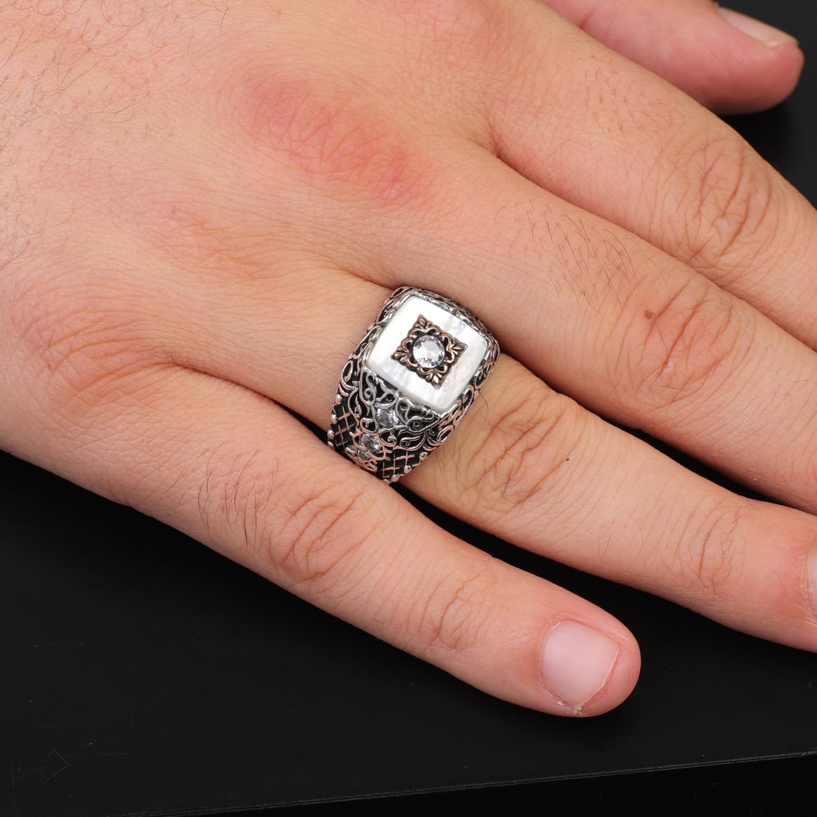 Vintage Mother of Pearl Signet Ring - Sterling Silver Pinky Ring for Men