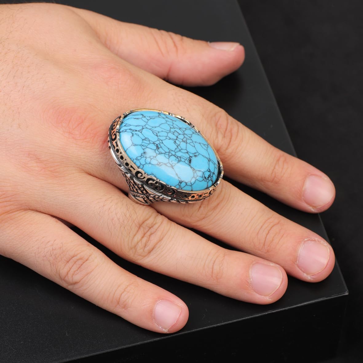 Handmade Ottoman-Style Herringbone Turquoise Ring for Men – Chunky Sterling Silver Engagement Ring with Vintage Gemstone