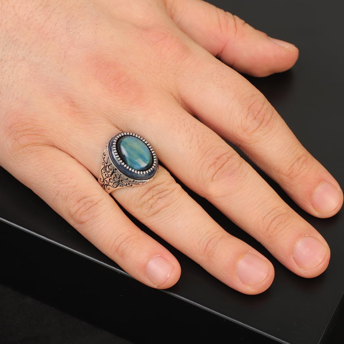 Blue Tiger Eye Ring Pinky Ring Ottoman Vintage 925 Sterling Silver Promise Engagement Gemstone Ring Gift for Husband