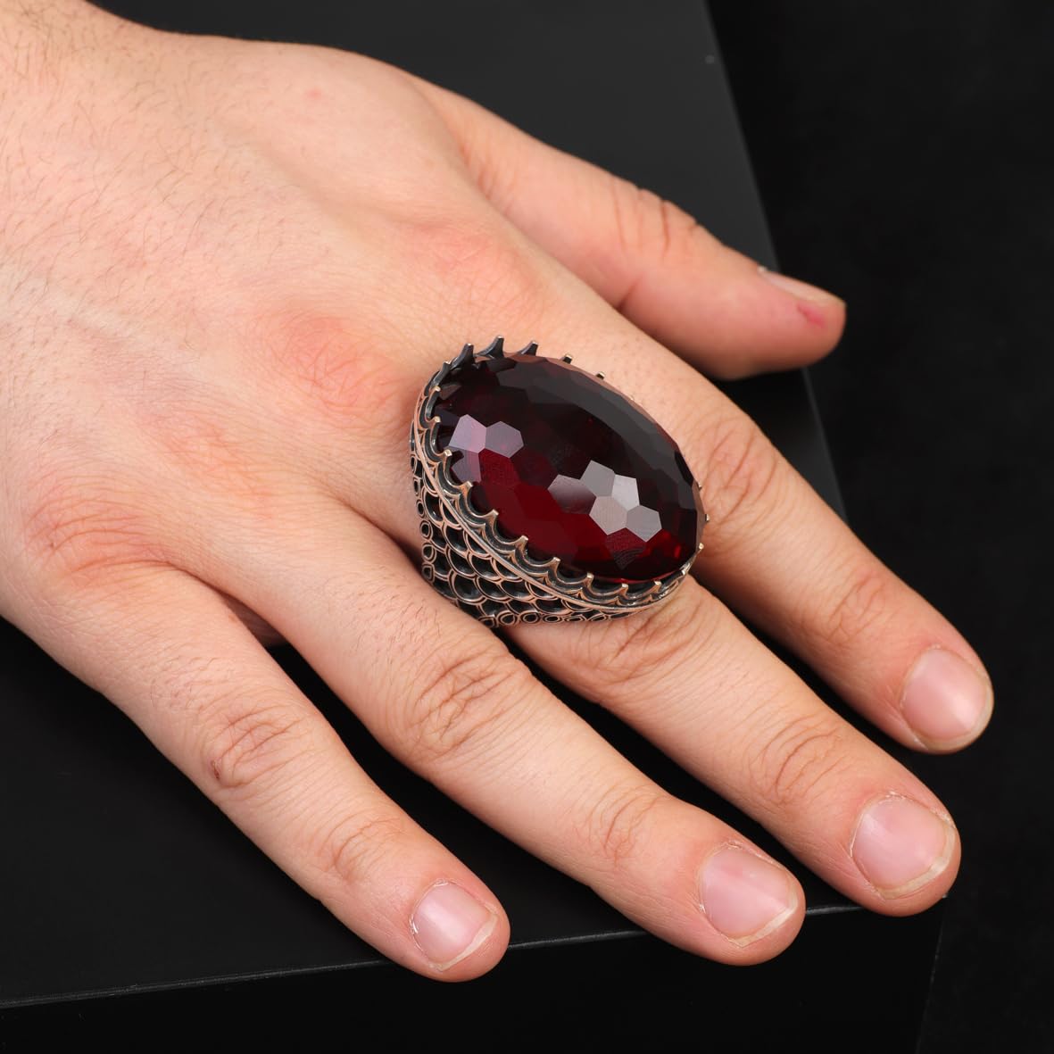 Vintage Ottoman Garnet Ring - Handmade Large Gemstone Ring for Men