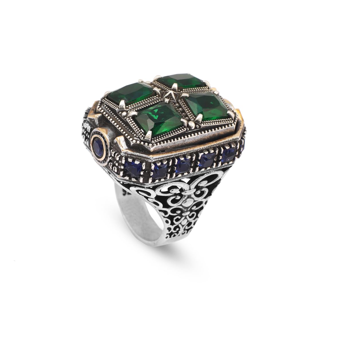 Handmade Emerald and Sapphire Stone Ottoman Ring – Large Statement Vintage Gemstone Ring