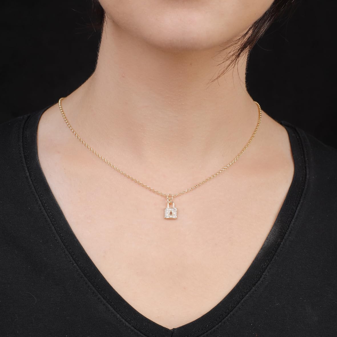 Sterling Silver Lock Necklace with Zircon Stone for Women - Lock Necklace with Zircon Stone in Gold Jewelry for Women - Cute Lock Necklace featuring Zircon Stone in Aesthetic Jewelry