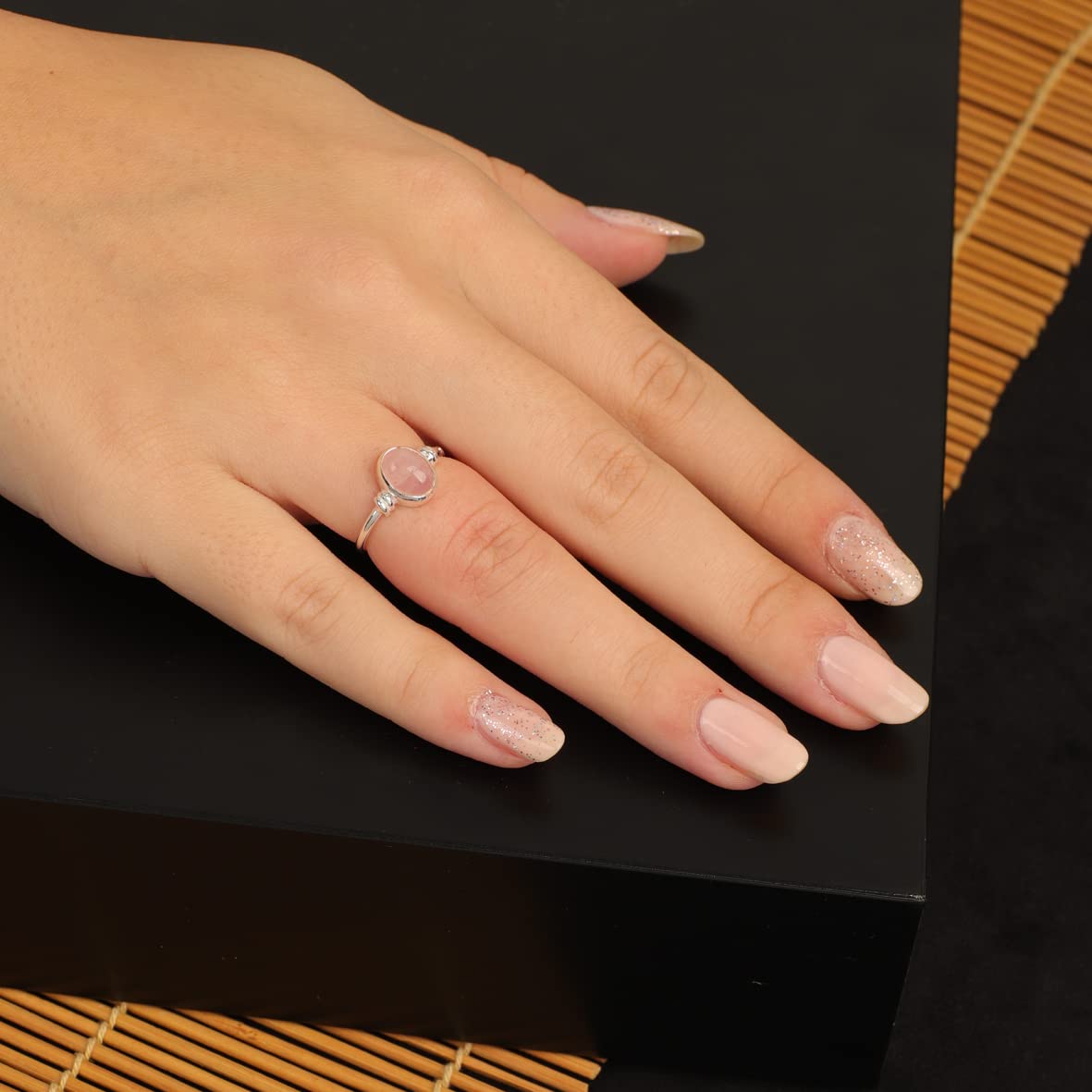 Jewellery Pit Adjustable Rose Quartz Statement Ring for Women - Handcrafted Stone Jewelry - Women's Middle Finger Adjustable Rose Quartz Ring