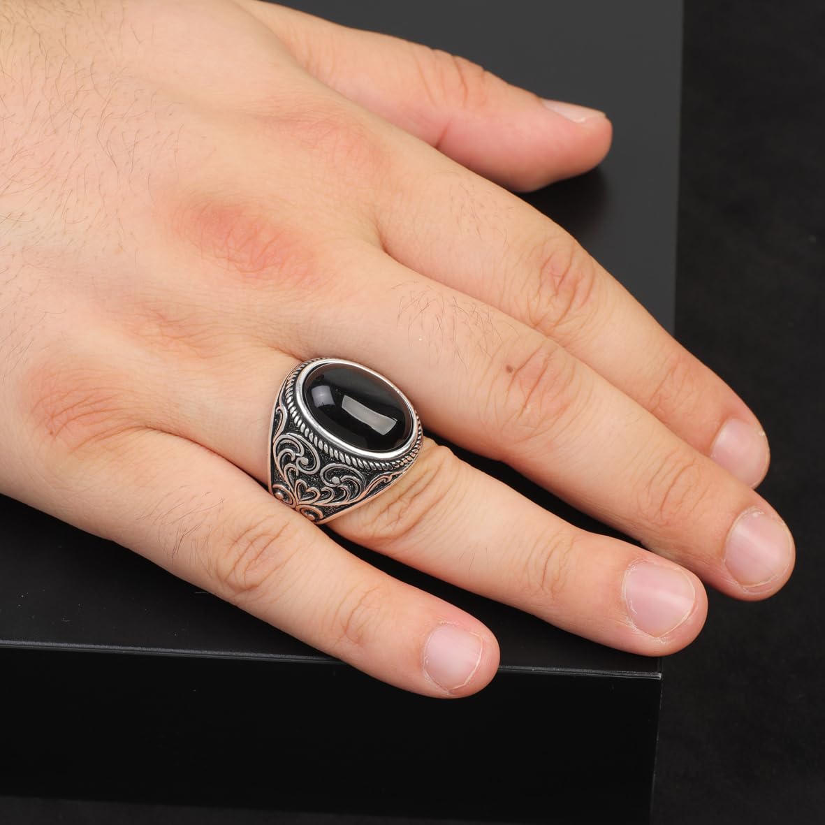 Vintage Ottoman Onyx Ring for Men with Ovale Gemstone – Handmade Sterling Silver Engagement Ring with Custom Engraving – Mens Silver Rings with Gift Silver Polishing Cloth
