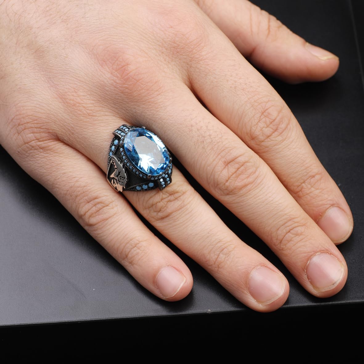 Aquamarine Stone Custom Animal Eagle Ring for Men - Handmade 925 Sterling Silver Jewelry