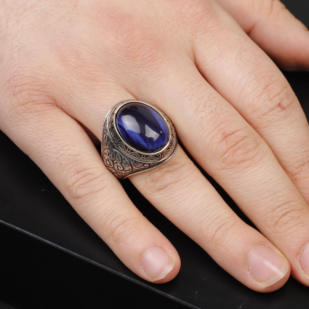 Handmade Blue Tiger Eye Men's Ring - 925 Sterling Silver Gemstone Jewelry with Silver Polishing Cloth Gift - Rings for Men