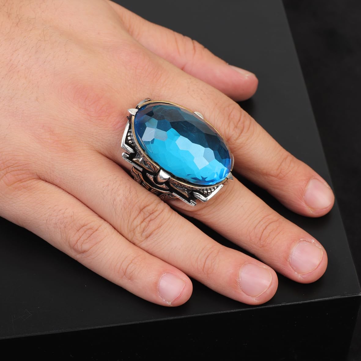 Handmade Vintage Aquamarine Ring - Chunky Silver Engagement Ring for Men with Custom Engraving - Ottoman Style Sterling Silver Ring & Gift Silver Polishing Cloth