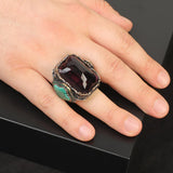 Amethyst & Malachite Ring – Large Statement Chunky Silver Whiskey Barrel Ottoman Vintage Ring – Engagement Promise Gift for Husband — image 2
