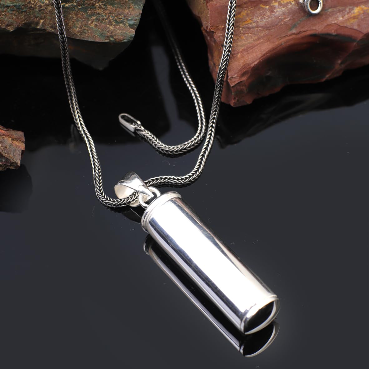 Sterling Silver Pill Box Pendant Necklace – Polished Prayer Box Locket Pendant – Oil Pendant Necklace for Men – Silver Chain Mens Pendant