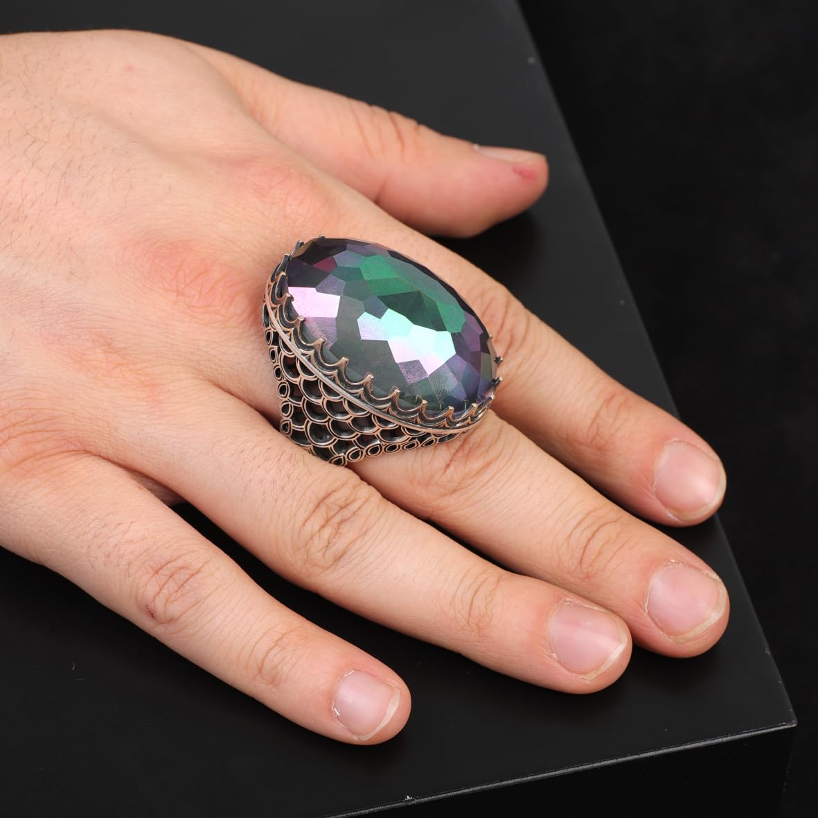 Mystic Topaz Ring - Oval Stone Large Gemstone Ring Men Vintage Ottoman Handmade 925 Sterling Silver Rings with Silver Polishing Cloth Gift