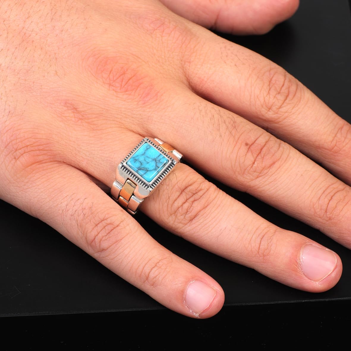 Men's Turquoise Ring - Vintage Rolex Model Signet Ring in Sterling Silver - Handmade Engagement Ring with Custom Engraving - Gift Silver Polishing Cloth Included