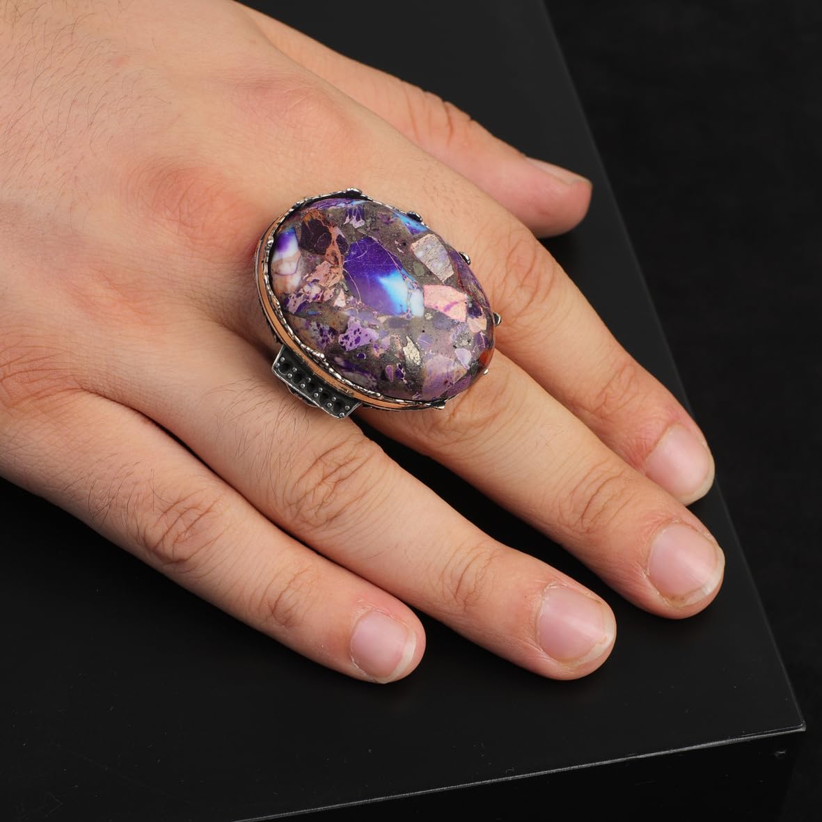 Special Turquoise Men’s Ring with Large Oval Stone – Vintage 925 Sterling Silver Ring