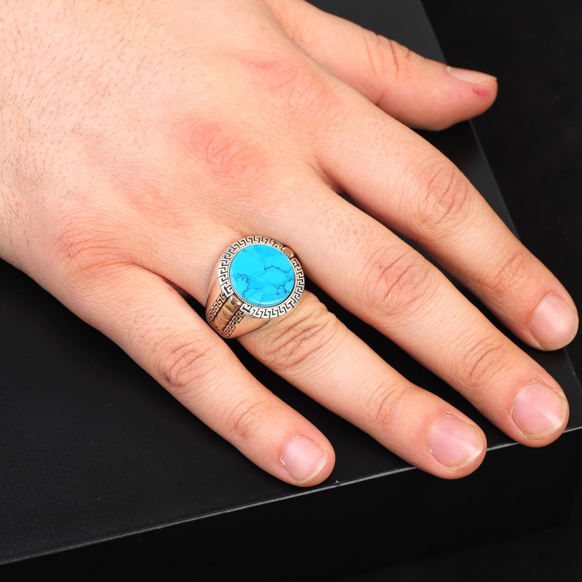 Handmade Turquoise Gemstone Round Stone Engagement Ring for Men Vintage 925 Sterling Silver