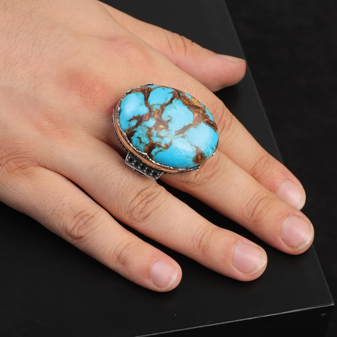 Special Turquoise Men’s Ring with Large Oval Stone – Vintage 925 Sterling Silver Ring