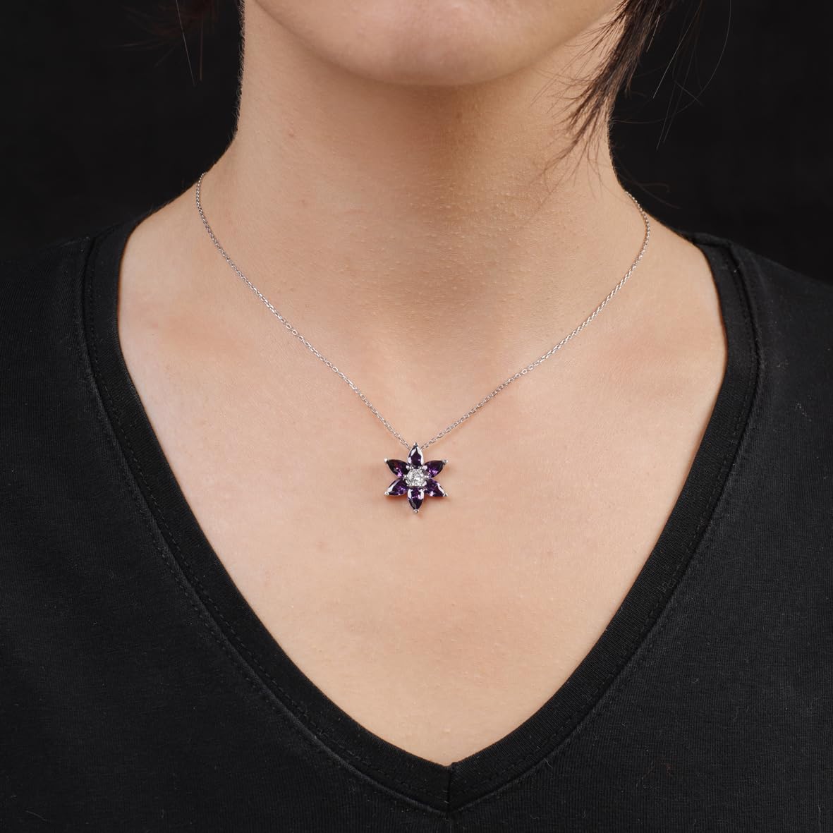 Amethyst Necklace on Sterling Silver Chain - Aesthetic and Cute Accessory - Sterling Silver Flower Necklace for Women's Aesthetic - Birthday Gifts for Women