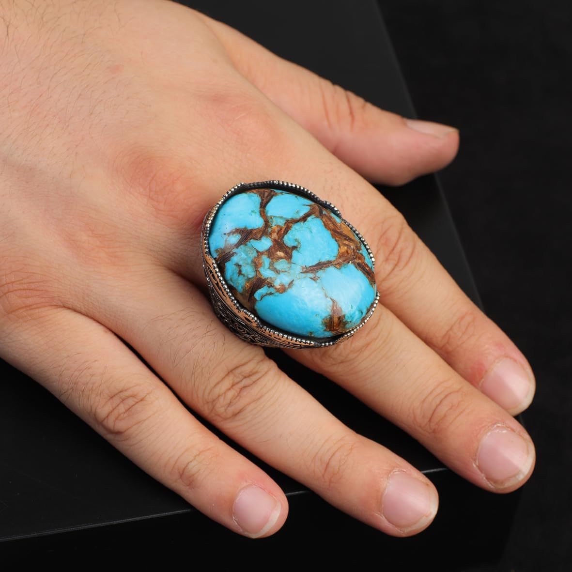 Special Turquoise Stone Ring – Large Oval Stone in Polished 925 Sterling Silver