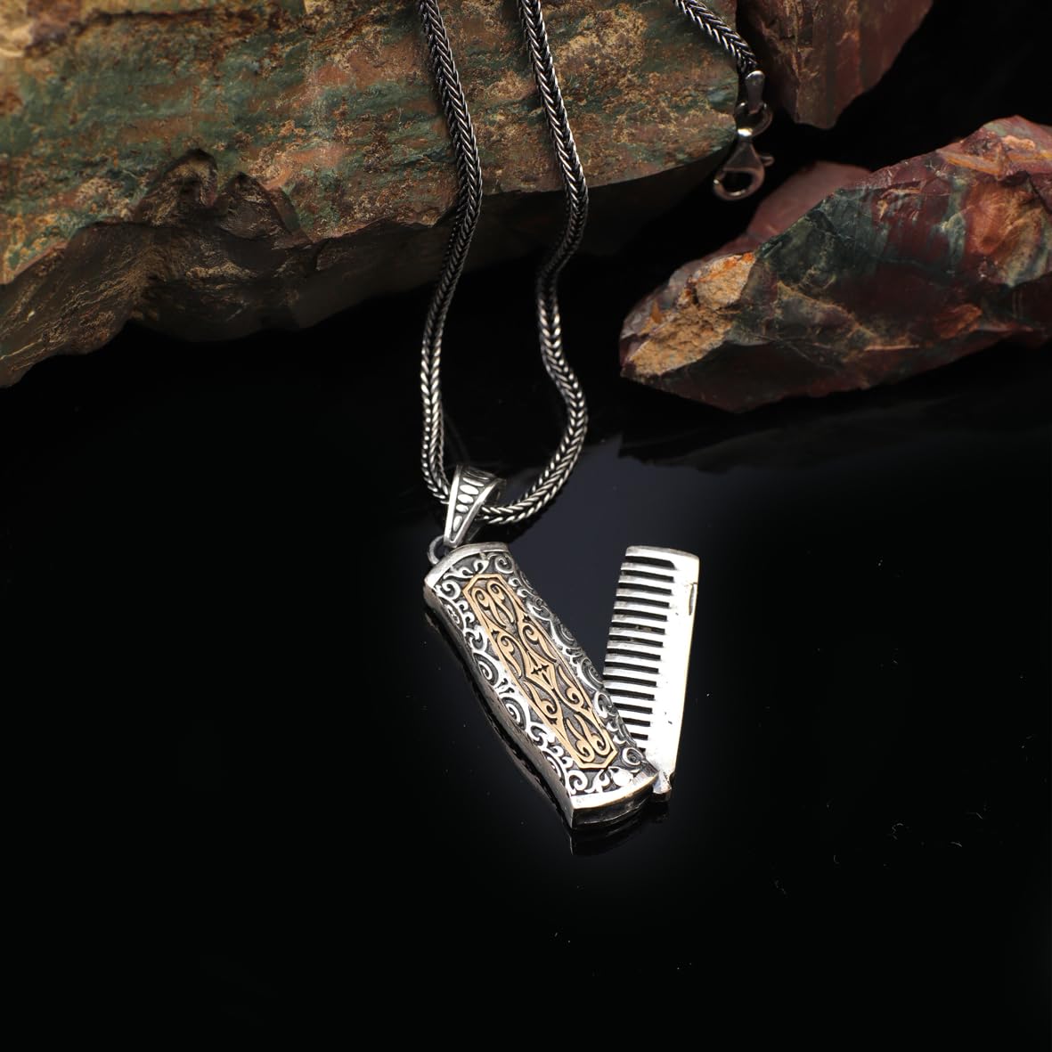 Polished Barber - Comb Necklace in Sterling Silver - Men's Gothic Biker Pendant with Silver Chain & Cleaning Cloth Gift