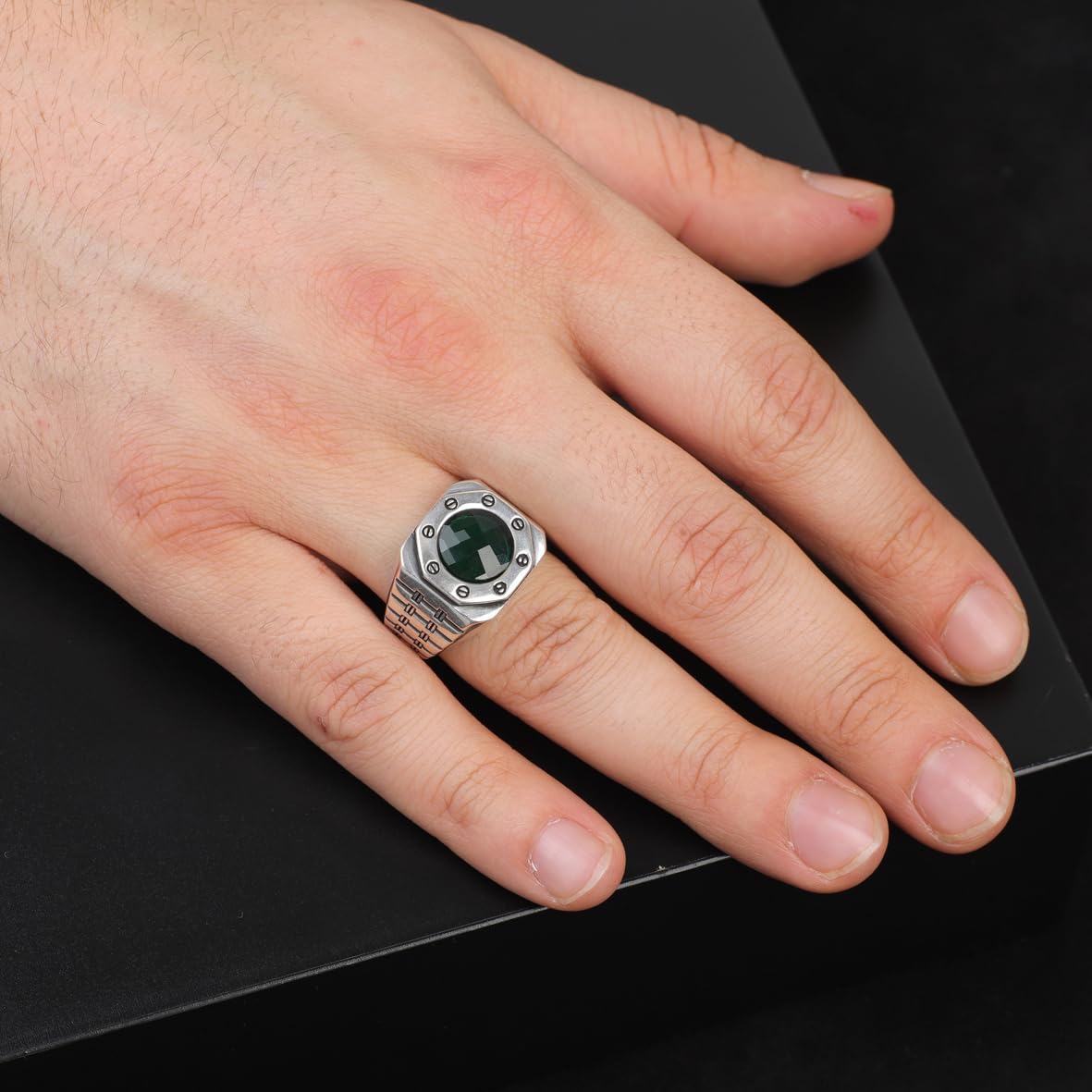 Handmade Emerald Gemstone Watch Band Engagement Ring for Men Vintage 925 Sterling Silver