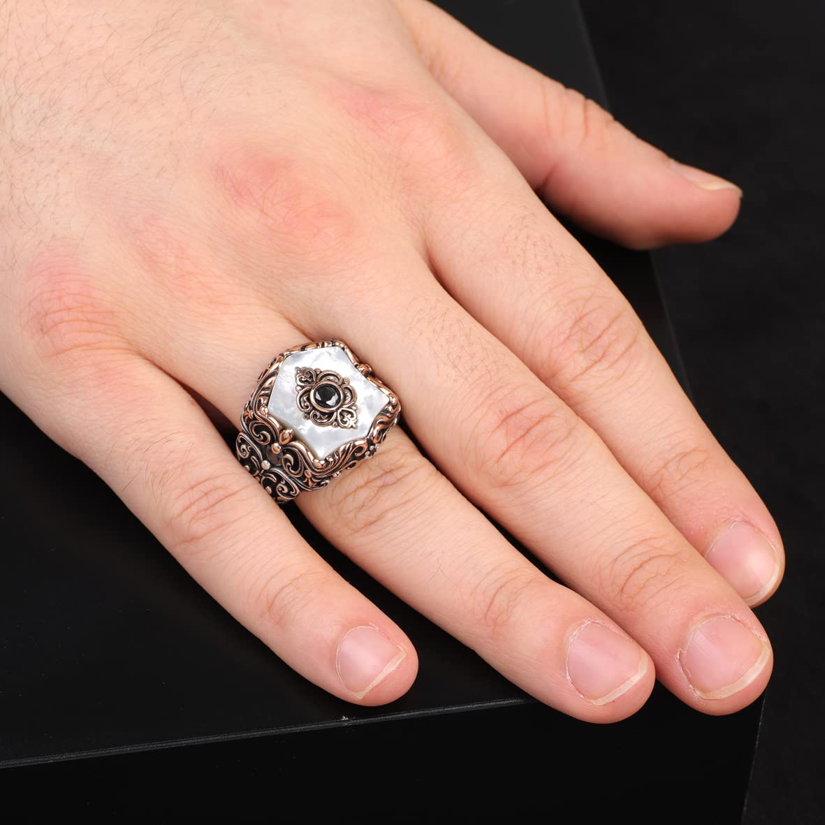Vintage Ottoman Style Mother of Pearl and Onyx Silver Ring