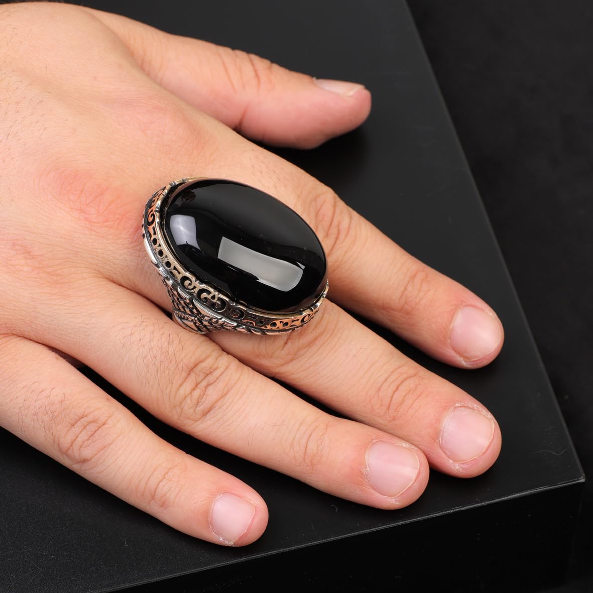 Vintage Black Onyx Chunky Sterling Silver Ring – Herringbone Design Ottoman-Style Men's Engagement Ring