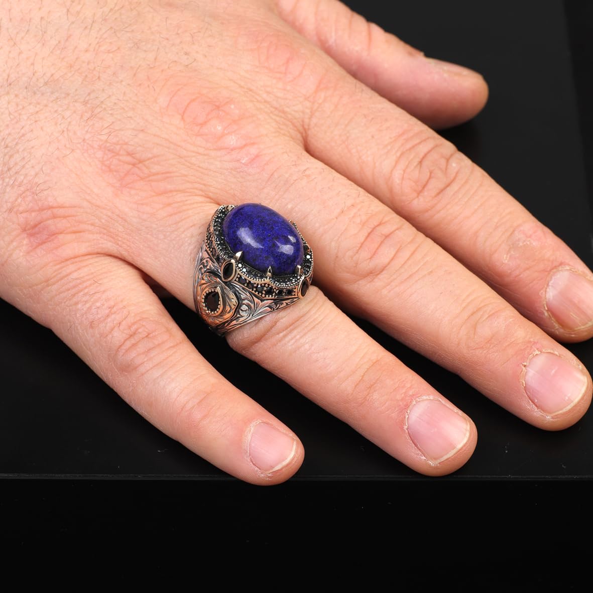 Lapis Lazuli Ring with Micro Onyx Stone – Ottoman Style Vintage Gemstone Sterling Silver Engagement Ring for Men – Handmade with Custom Engraving + Gift Silver Polishing Cloth