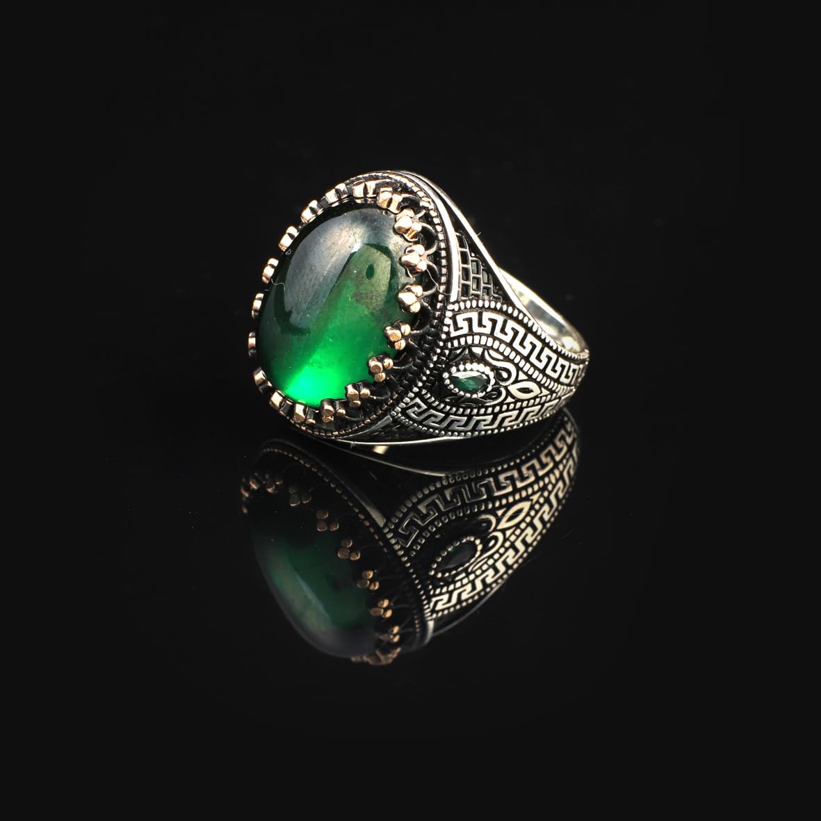 Mens Jade Ring – Handmade Ottoman Style Oval Gemstone Sterling Silver Ring