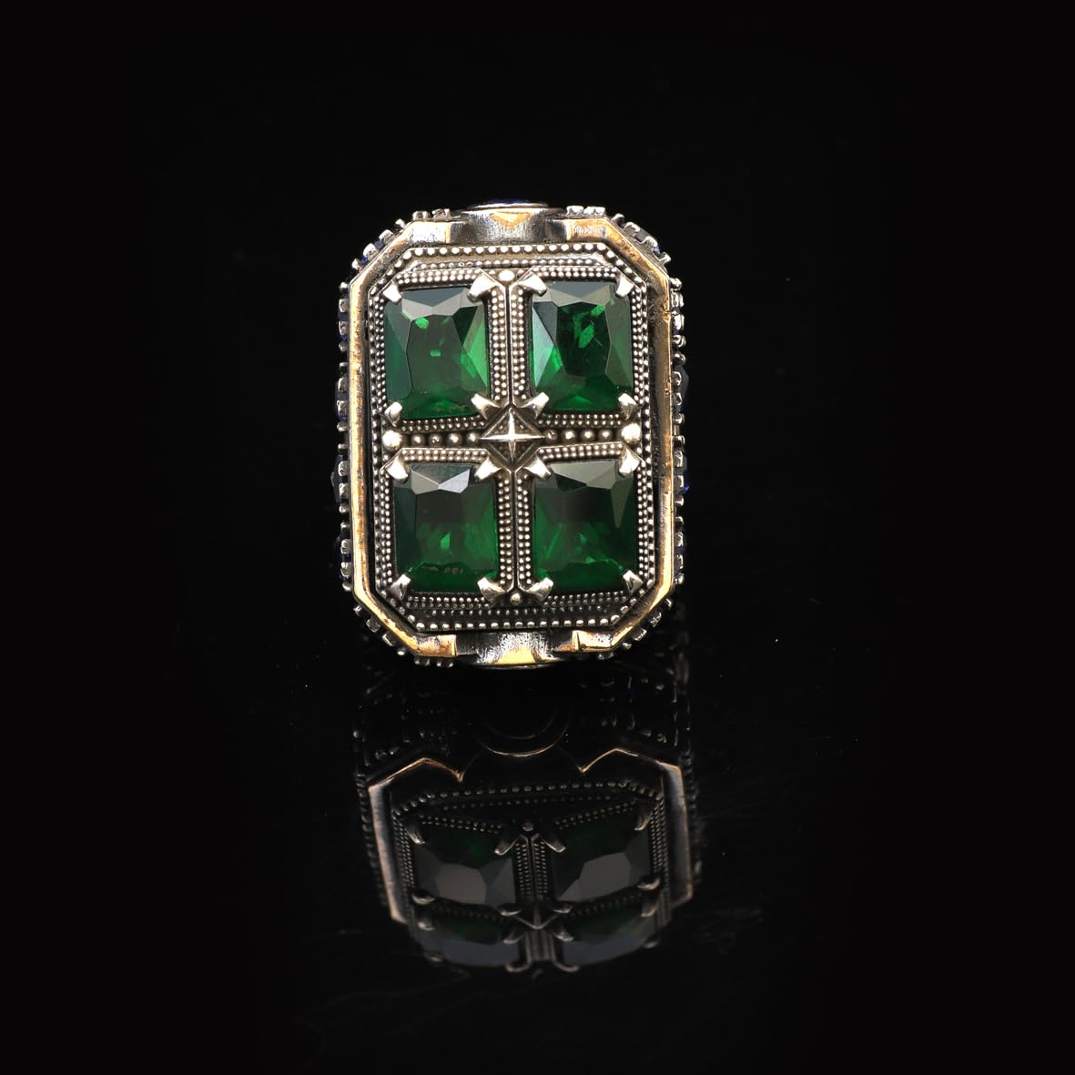 Handmade Emerald and Sapphire Stone Ottoman Ring – Large Statement Vintage Gemstone Ring