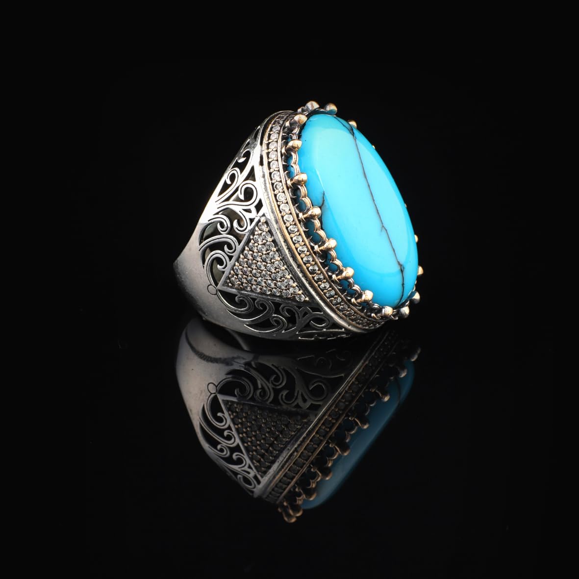 Men's Turquoise Ring with Micro Onyx Stone - Chunky Sterling Silver Gemstone Engagement Ring - Handmade Ottoman Style - Custom Engraving - Vintage Ring