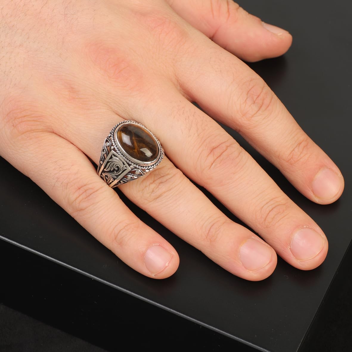 Tiger Eye Ring Pinky Ring Ottoman Vintage 925 Sterling Silver Promise Engagement Gemstone Ring Gift for Husband