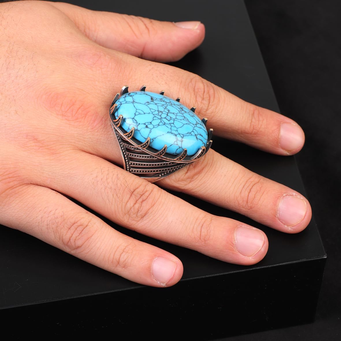 Handmade Men's Turquoise Ring - Chunky Sterling Silver Ottoman-Style Gemstone Ring