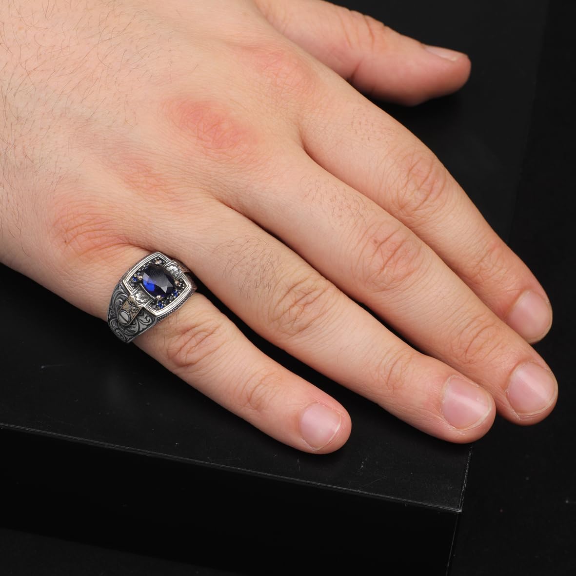 Blue Sapphire Ring with Micro Stone - Vintage Men's Gemstone Ring