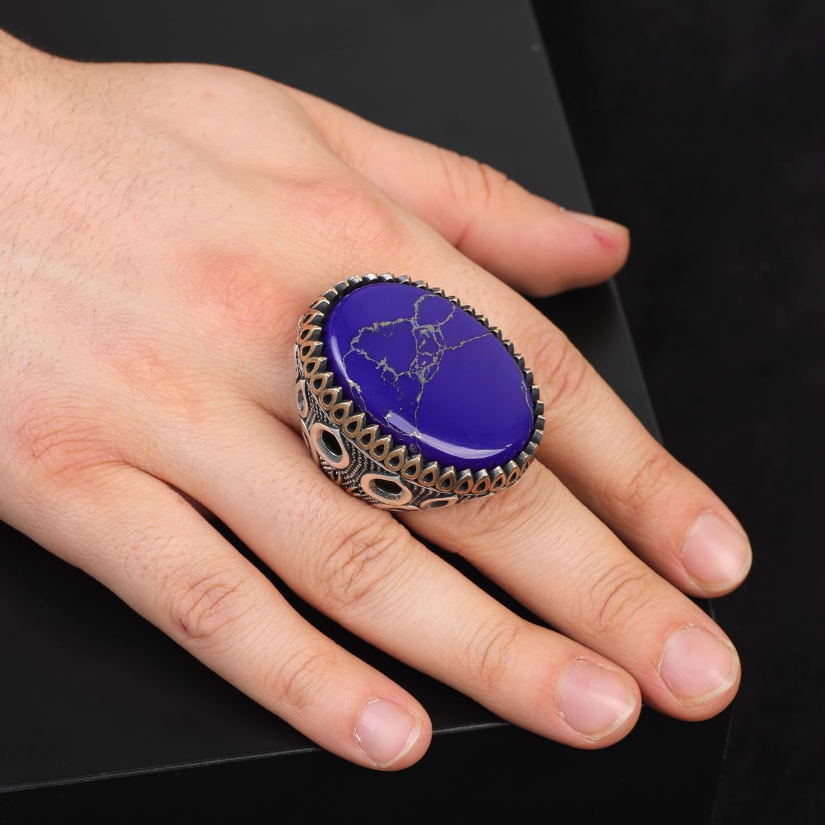Lapis Lazuli Oval Gemstone Ring - Large Handmade Ottoman Style 925 Sterling Silver Men's Ring with Silver Polishing Cloth Gift
