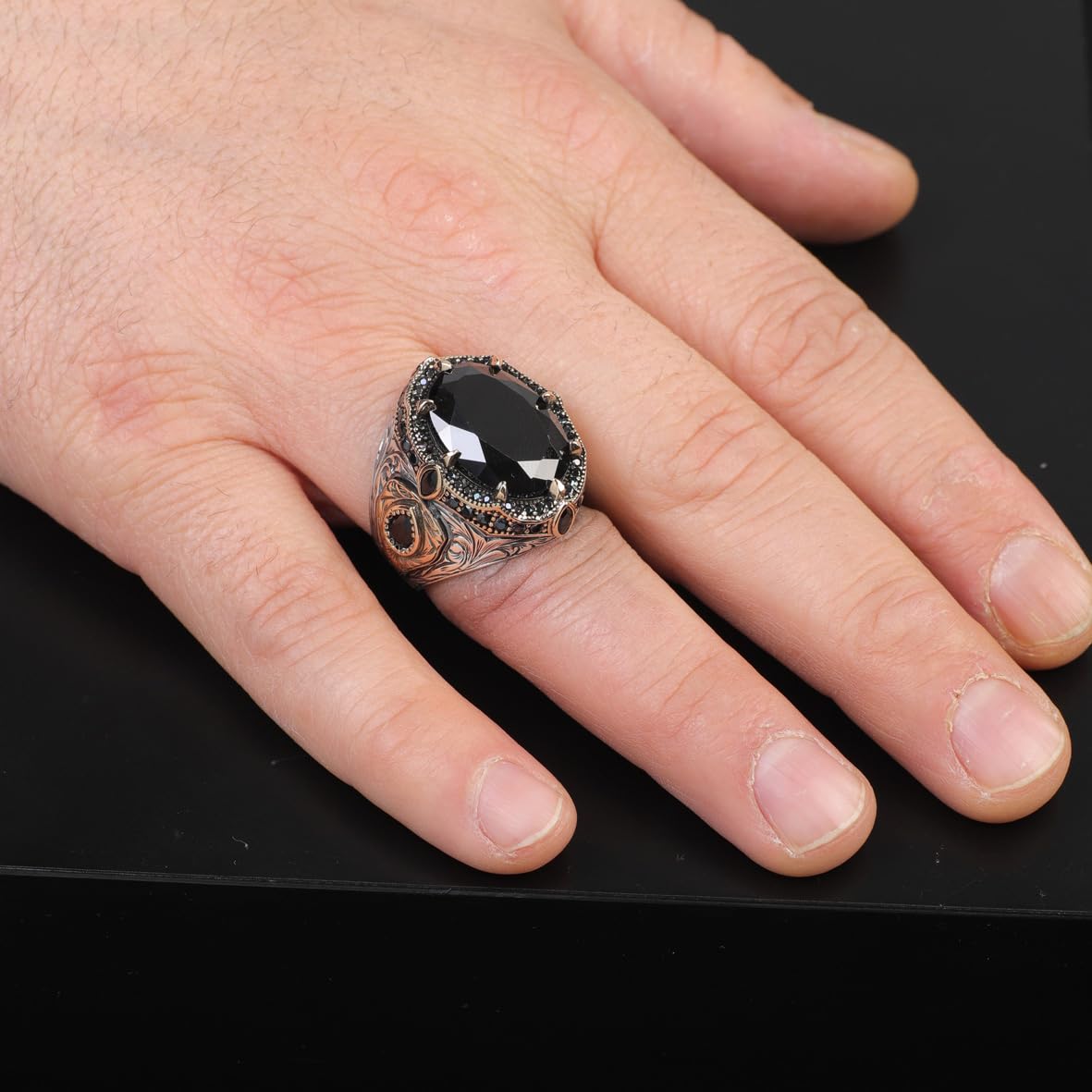 Vintage Ottoman Chunky Onyx Ring for Men – Handmade Gemstone Sterling Silver Engagement Ring with Custom Engraving + Gift Silver Polishing Cloth