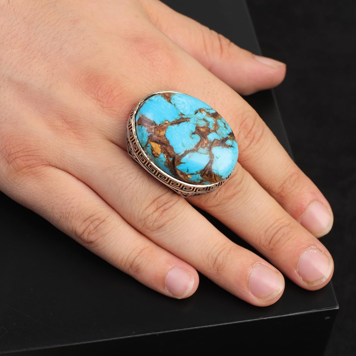 Special Turquoise Stone Ring – Large Oval Stone in Polished 925 Sterling Silver