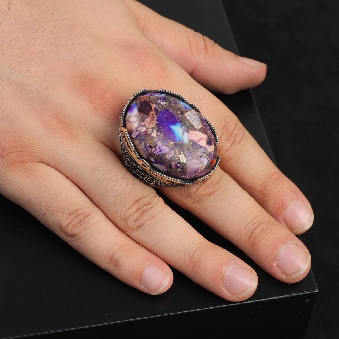Special Turquoise Men’s Ring with Large Oval Stone – Vintage 925 Sterling Silver Ring