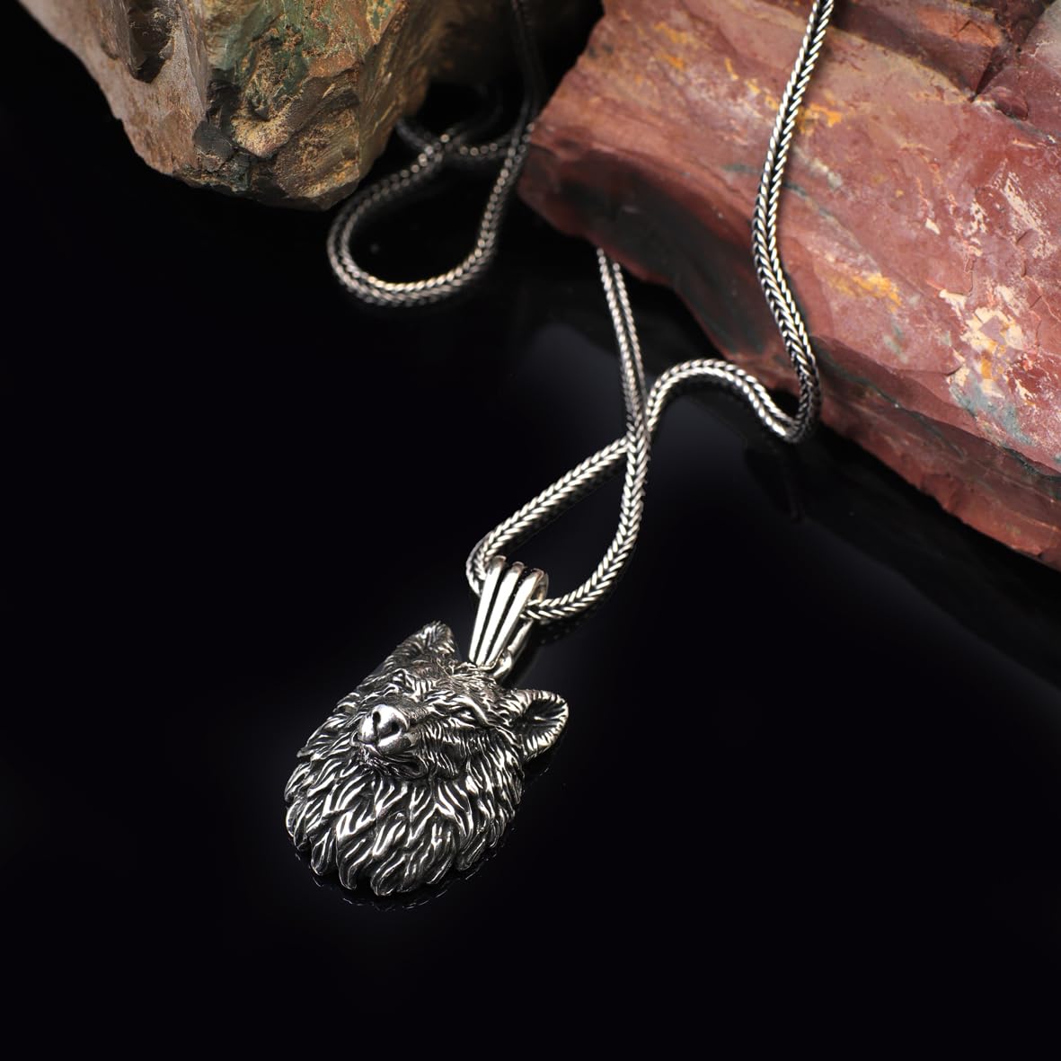 Wolf Pendant Necklace – Sterling Silver Gothic Animal Jewelry – Biker Mens Necklace with Silver Chain & Free Cleaning Cloth