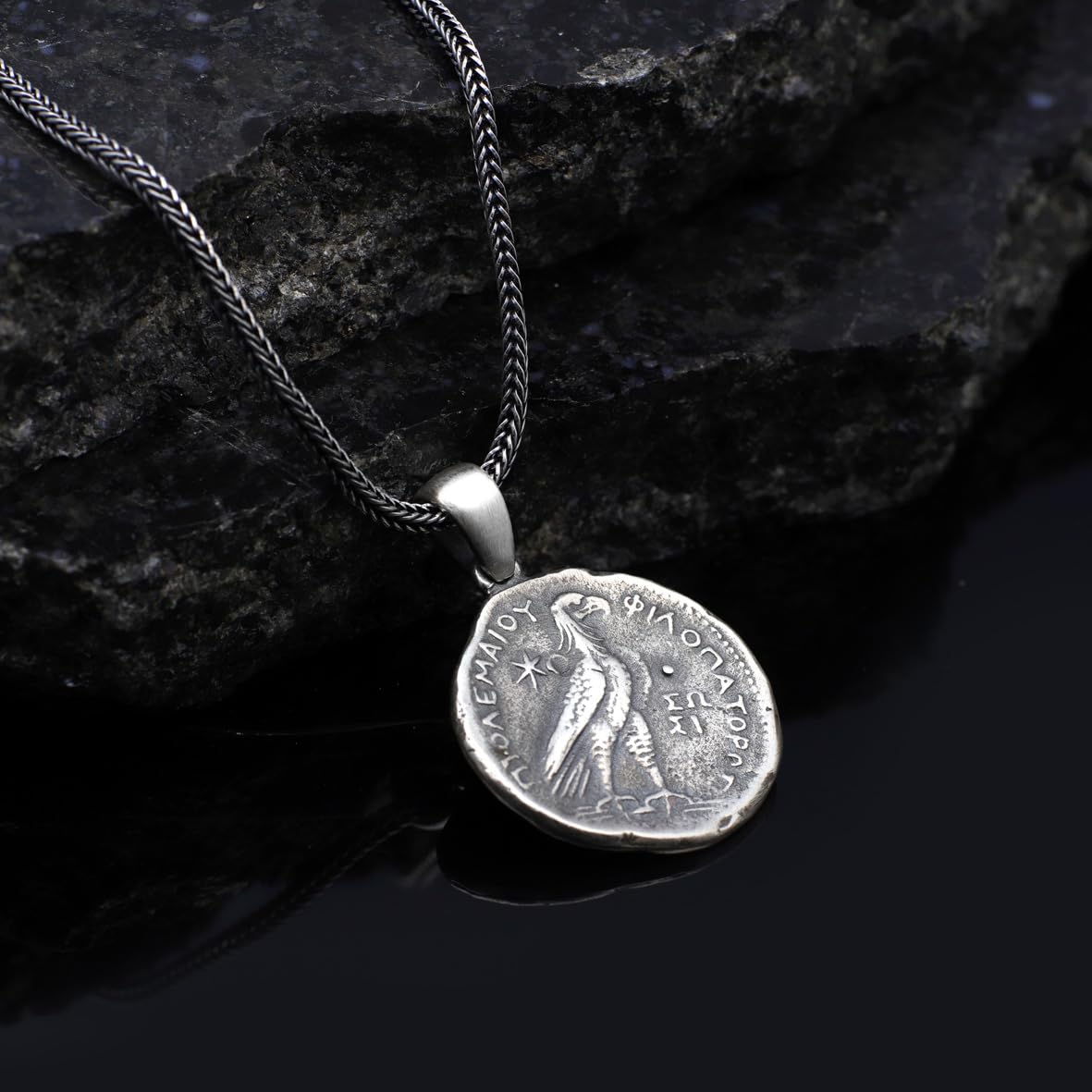 Sterling Silver Men's Coin Necklace with Antique Caesar Pendant - Antique Caesar Design in Sterling Silver - Birthday Gifts