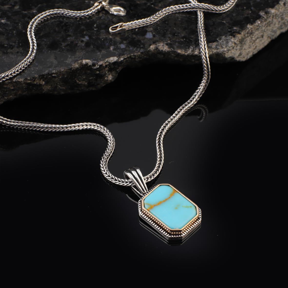 Turquoise Necklace for Men - Sterling Silver Gemstone Pendant Chain