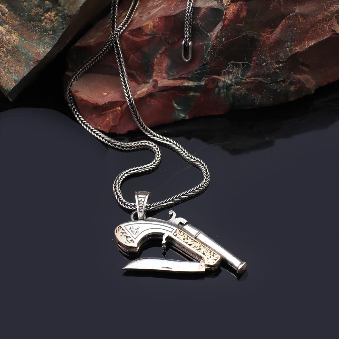 Sterling Silver Knife Necklace & Pistol Necklace – Mens Gothic Pendant on Silver Chain – Biker Jewelry with Silver Cleaning Cloth Gift