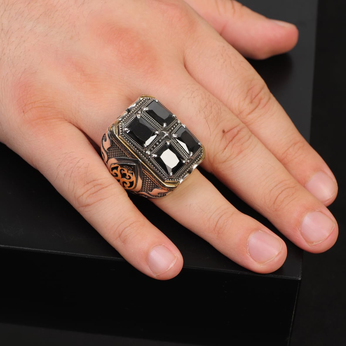 Black Onyx Ring Ottoman Style Large Statement Ring Vintage Sterling Silver Chunky Silver Gemstone Ring