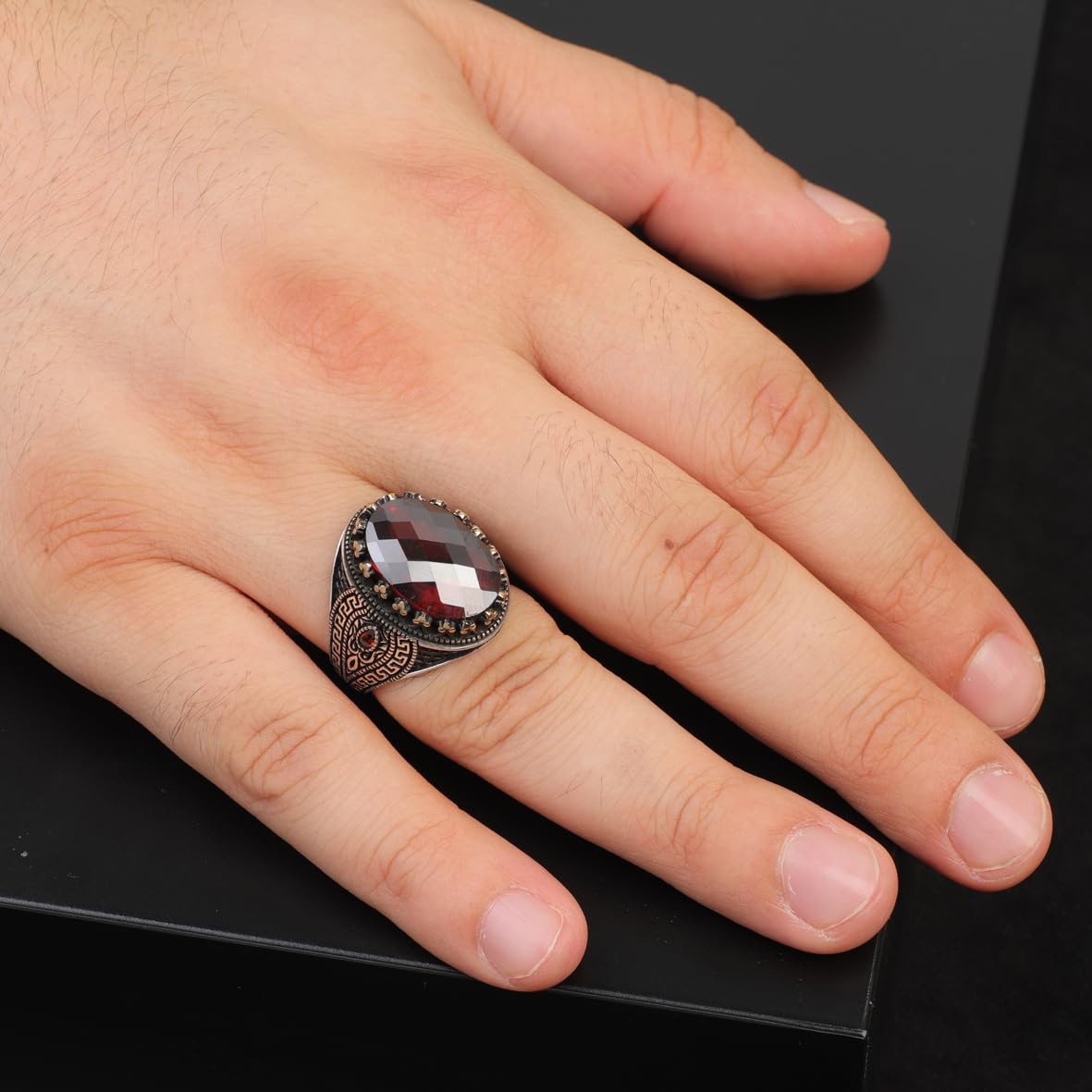 925 Sterling Silver Garnet Ring – Oval Ottoman Gemstone Ring for Men