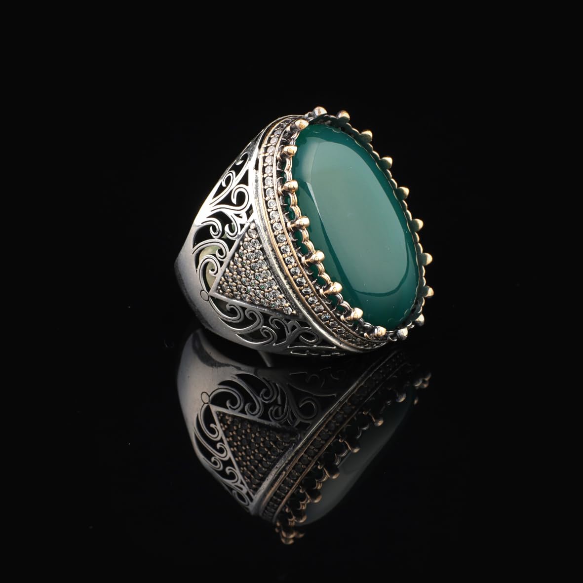 Handmade Vintage Jade Ring with Micro Onyx Stone - Chunky Sterling Silver Engagement Ring for Men - Custom Engraving Available - Ottoman Style with Gift Silver Polishing Cloth